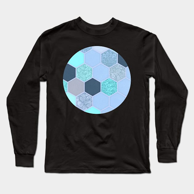 Denim Blue, Aqua & Indigo Hexagon Doodle Pattern Long Sleeve T-Shirt by micklyn